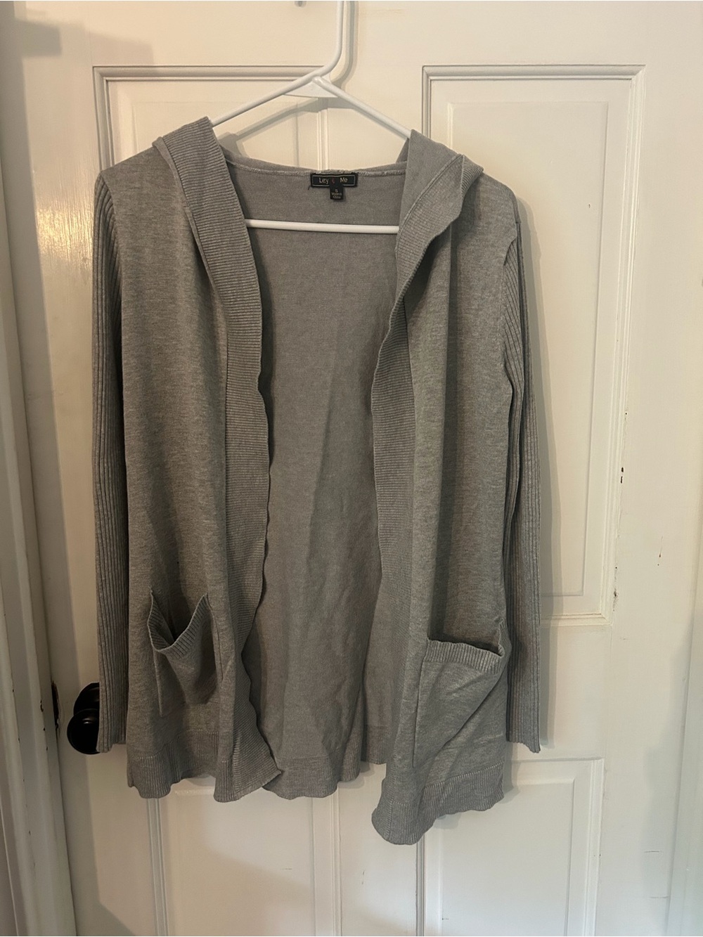 Lety & Me Adelie Hooded Rib Sleeve Cardigan in Light Gray
